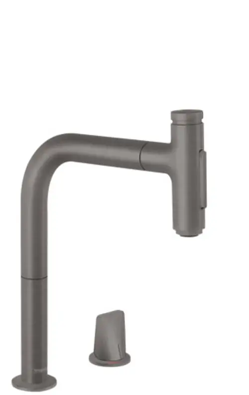 Küchenarmatur von Hansgrohe mit einer hohen, gebogenen Auslauf. Seitlicher Bedienhebel für Temperatur- und Mengeneinstellung. 
